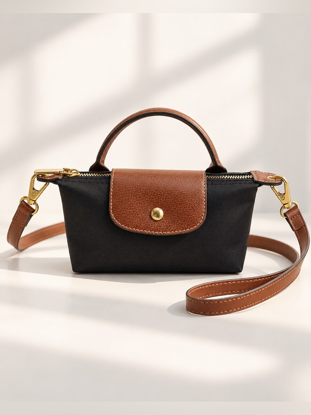 Black & Brown Mini Top Handle Crossbody Bag Gold Hardware